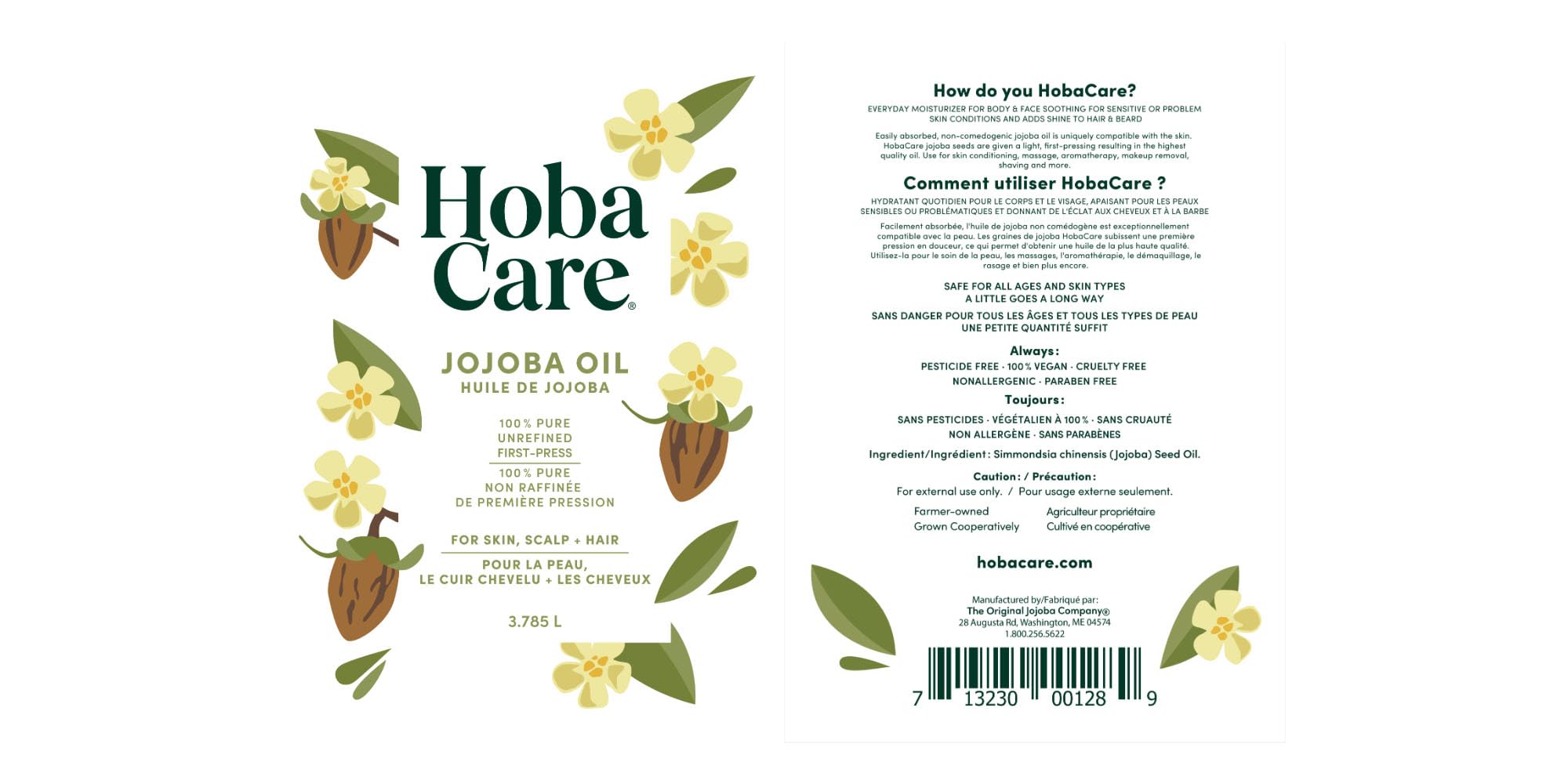 HobaCare 100% Pure Unrefined Jojoba Oil for Skin, Hair & Nails - Natural Moisturizer for Face, Body, Beard & Dry Skin Care - 128 fl oz - Perfect for Daily Hydration, Massage & DIY Beauty Treatments