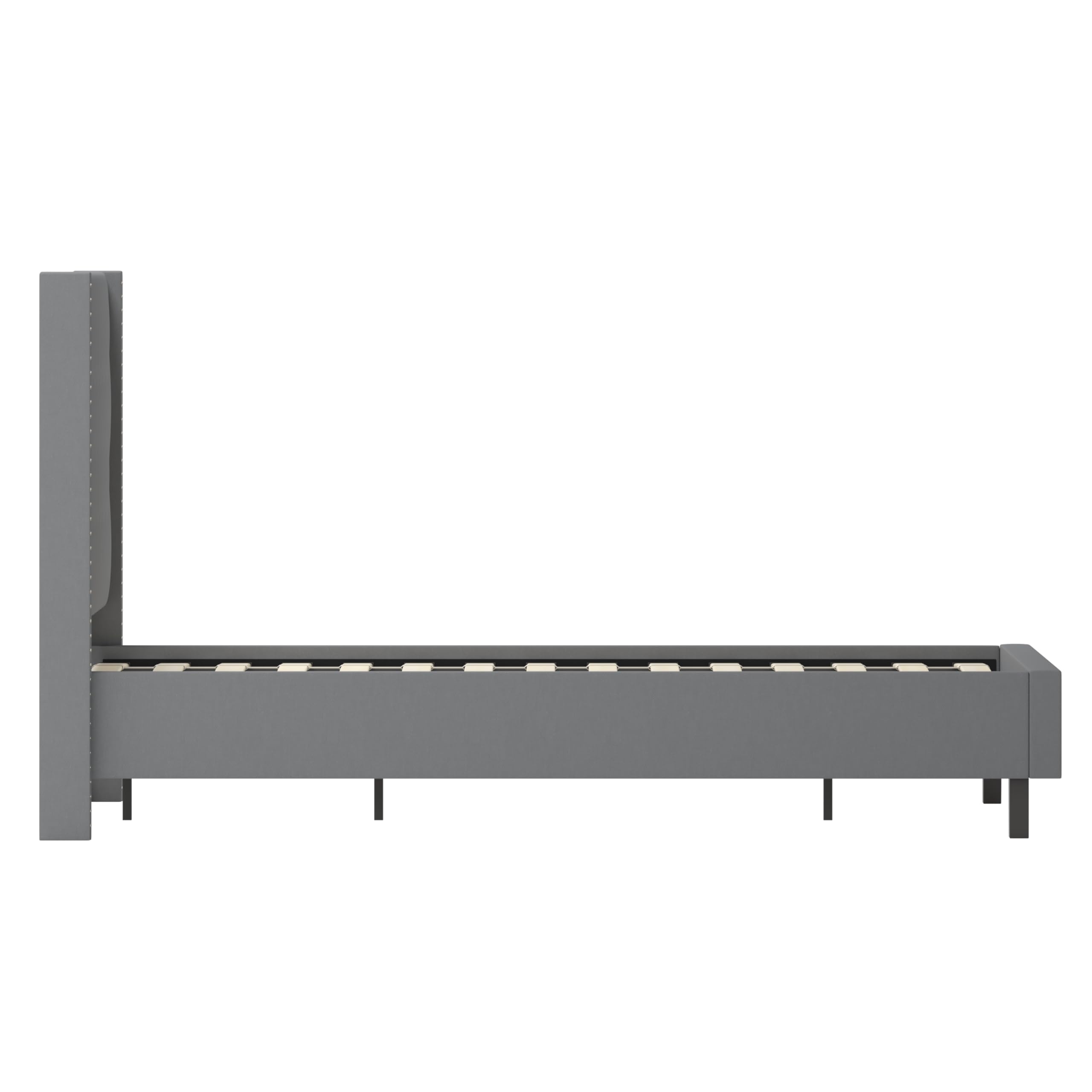 Dark Gray Fabric Queen Size Accent Extended Panel Platform Bed Frame - Modern Upholstered Bed for Master Bedroom, Guest Room & Apartment