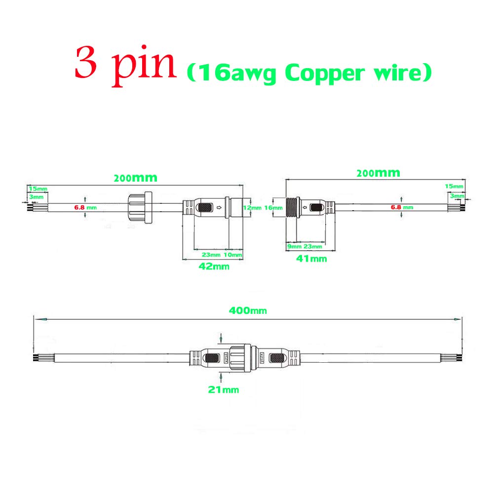 3-Pin Waterproof Connector IP68 - 16AWG Male Female LED Strip Light Plug with 20CM Extension Cable (5 Pairs) - Perfect for Indoor/Outdoor LED Lighting, Landscape Lighting, and DIY Projects