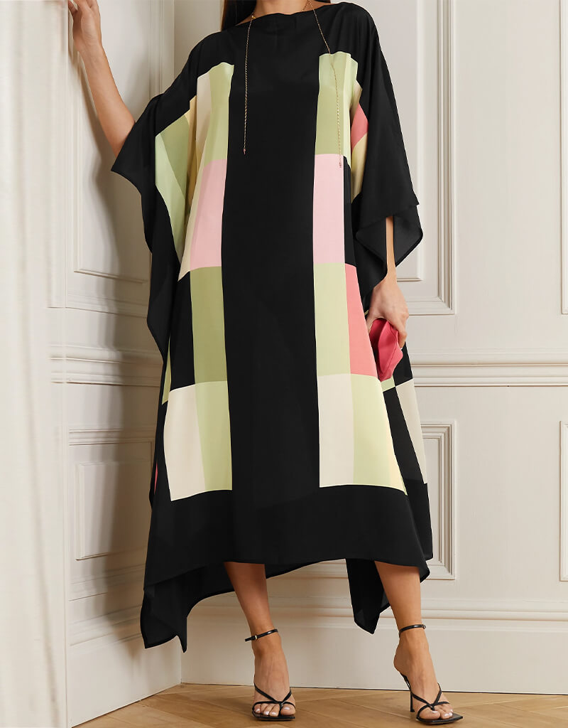 Elegant Black Soft Silk Crepe Kaftan Dress - Women's Luxury Loungewear & Beach Cover Up for Summer Vacation