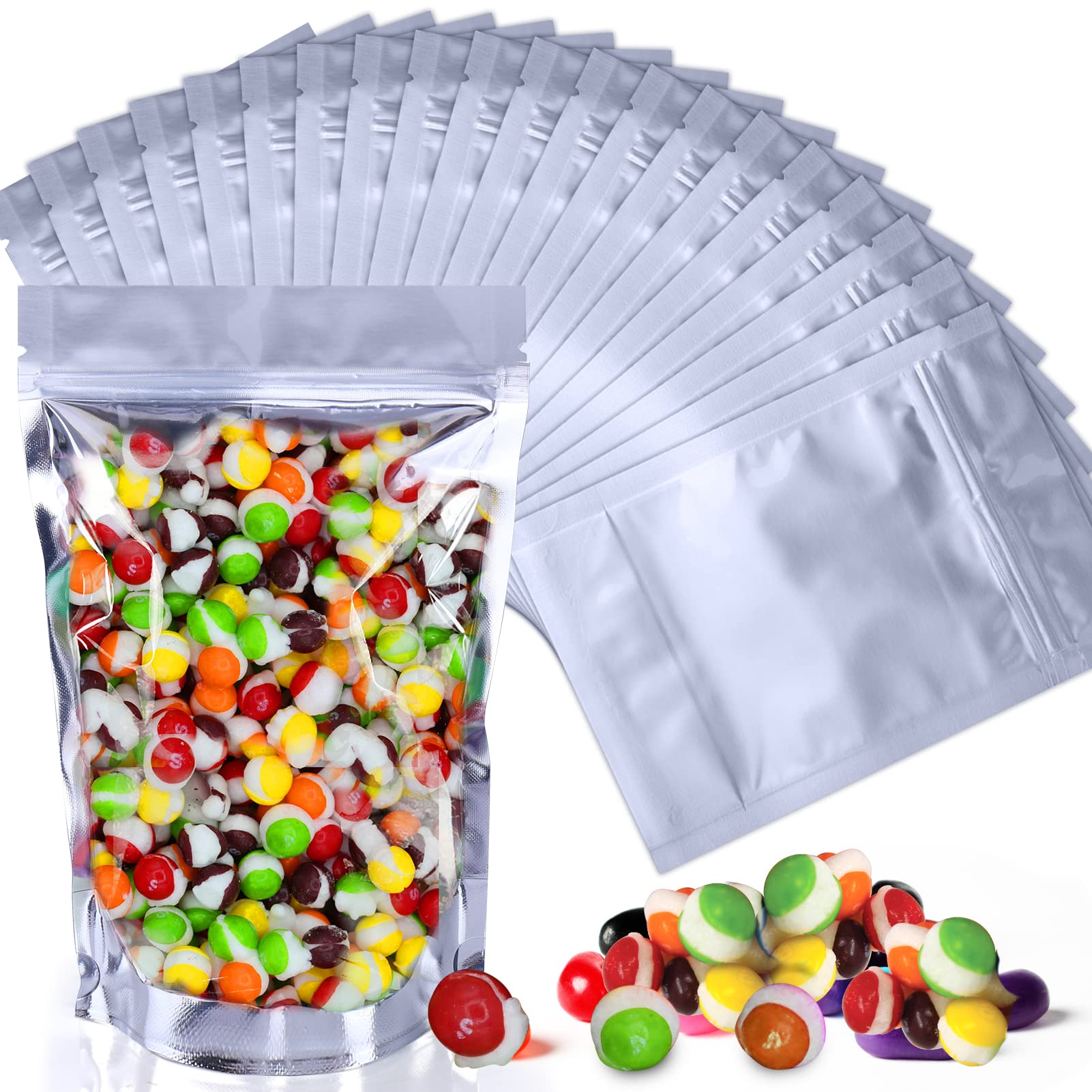 50 Pack Mylar Bags for Freeze Dried Candy - Clear Window Stand Up Pouches | Perfect for Storing Freeze Dried Skittles, Sour Candies & Long Term Food Storage | Great for Camping, Emergency Kits & Pantry Organization