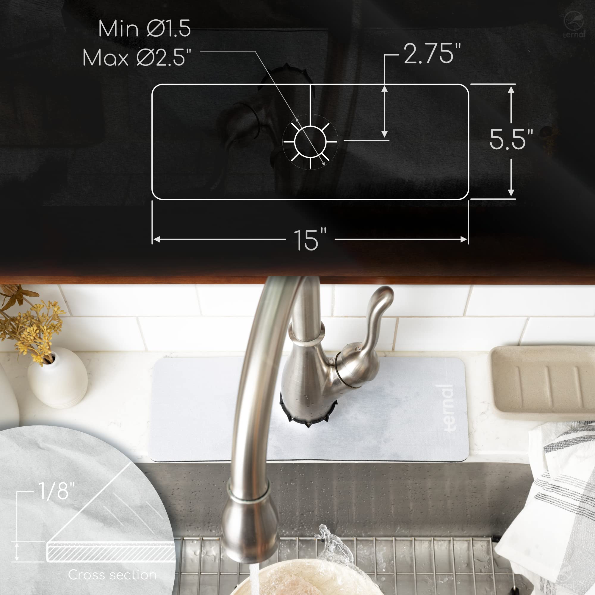 Ternal Sinkmat for Kitchen Sink Faucet - Absorbent Diatom Rubber Splash Guard & Drip Catcher, Standard Size Grey - Perfect for Preventing Water Spills Around Faucet Handle in Modern Kitchens