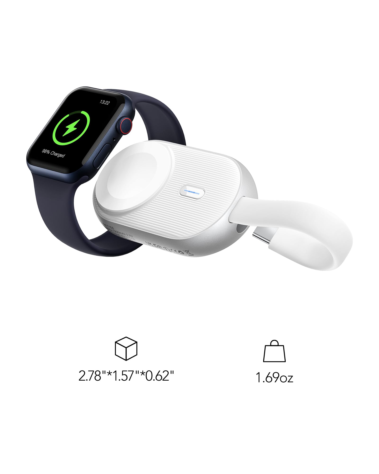 VRURC 1200mAh Magnetic Wireless Portable Charger for Apple Watch Series 8/Ultra/7/6/SE/5/4/3 - Keychain Power Bank for Travel, Gym & Daily Use (White)
