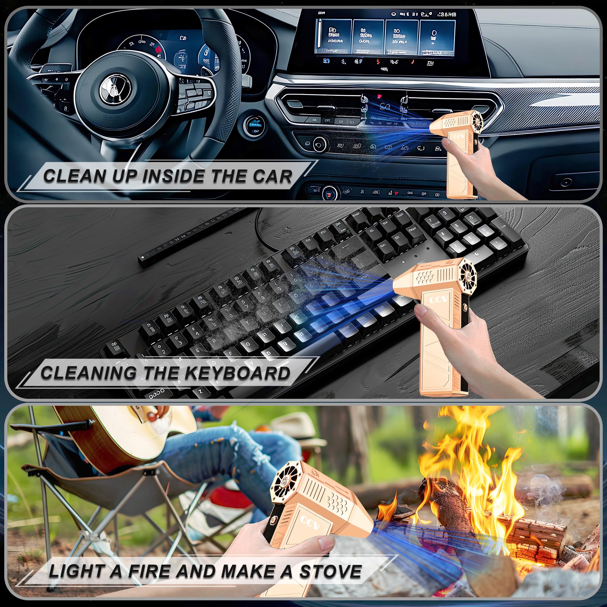 CCV 150,000 RPM Electric Air Duster - Rechargeable Cordless Keyboard & PC Cleaner with 3 Speed Settings | Powerful Jet Blower for Car Detailing, Home Electronics & Office Equipment Cleaning (F33-GOLD)