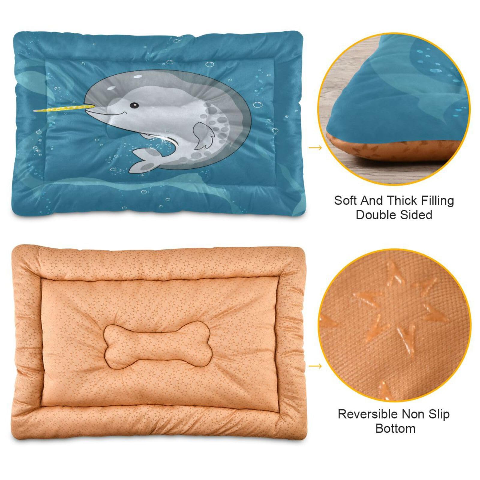 Unicorn Narwhal Dog Bed & Cat Bed - Rectangle Ultra Soft Comfortable Pet Bed for Small & Medium Dogs (24x18 Inches) - Calming Bed for Anxiety Relief, Perfect for Living Room, Bedroom or Crate