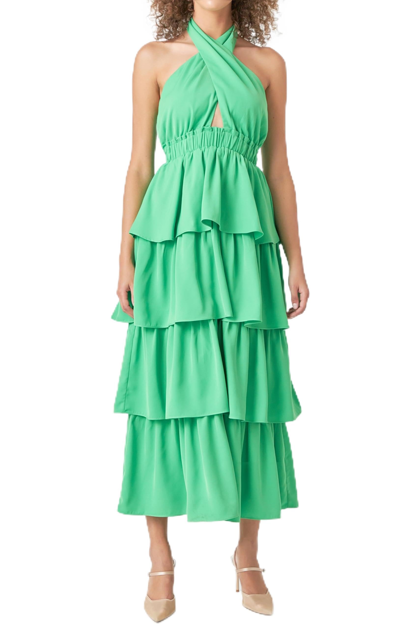 Endless Rose Women's Crossed Halter Neck Tiered Maxi Dress - Kelly Green, Size L | Flowy Summer Beach Dress for Vacations, Weddings & Boho Outfits