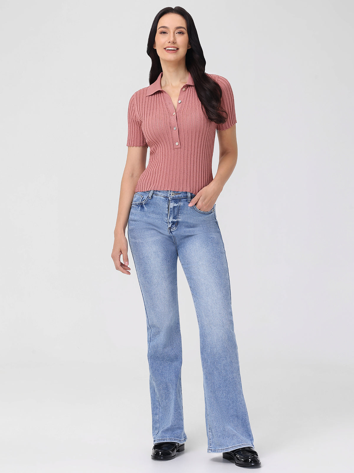 Maya Johnny Collar Ribbed Top for Women - Stylish Stretch Knit Shirt for Casual Wear & Layering | Perfect for Office, Date Night & Everyday Outfits