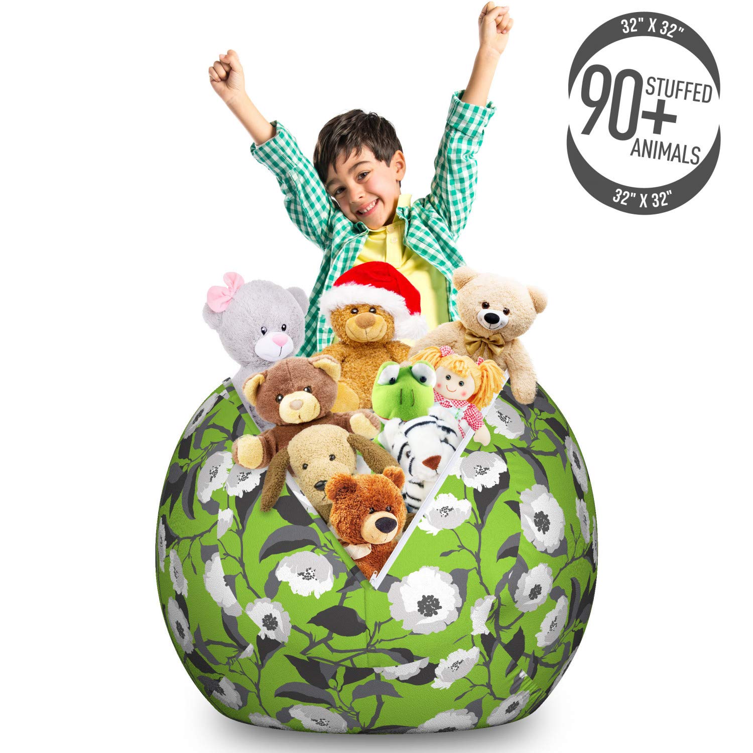 Ambesonne Floral Storage Toy Bag Chair - Large Washable Stuffed Animal Organizer with Digitally Printed Big Leaf Flower Design in Lime Green & Multicolor - Perfect for Kids' Room, Nursery, Playroom & Home Organization