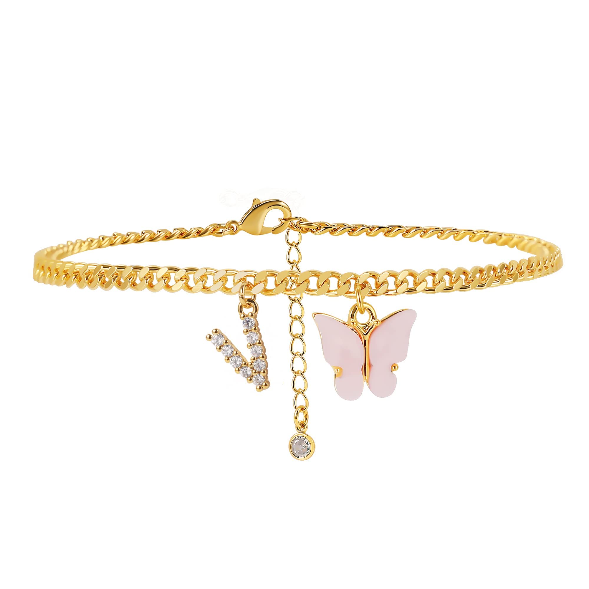Gold Plated Ankle Bracelets for Women - Dainty Initial Letter & Butterfly Cuban Chain Foot Jewelry - Perfect for Summer Beach, Parties, and Everyday Wear