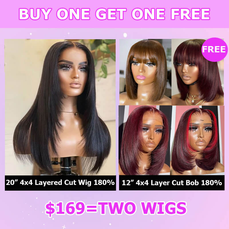 Buy 2 Human Hair Wigs for $169 - Layered Cut Straight 4x4 Lace Wig + Free Colored Straight 4x4 Bob Wig | Perfect for Daily Wear, Cosplay & Special Occasions