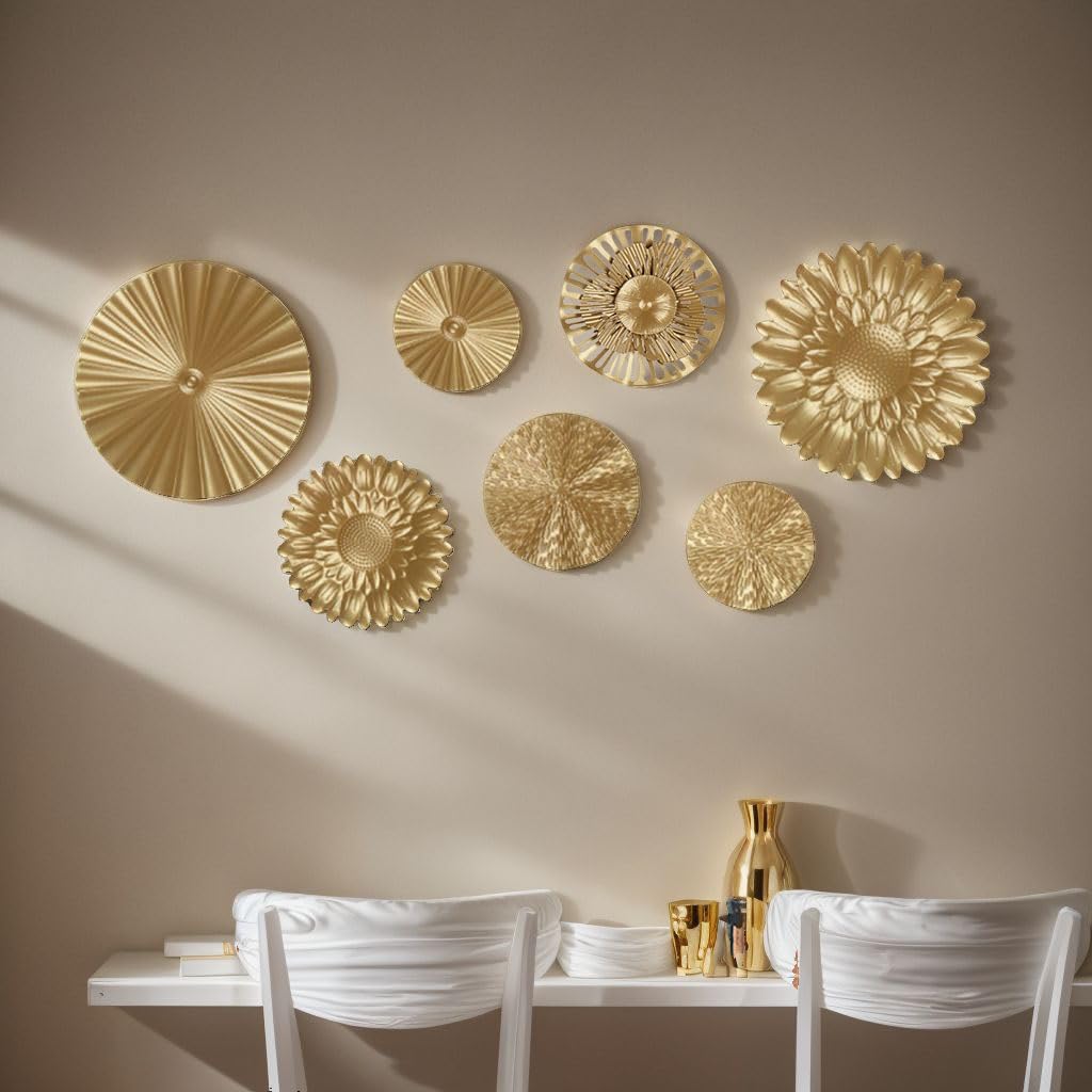 DIY Gold Metal Wall Decor Set of 7 - Modern 3D Iron Wall Art Sculptures for Home, Bedroom, Office & Apartment Decoration - Perfect Gift for Housewarming & Interior Design