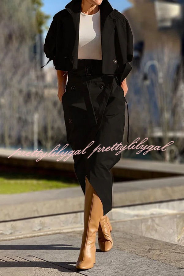 Elegant Work Style Lapel Long Sleeve Blazer & Button Belt Pocketed Slit Midi Skirt Set - Professional Office Outfit for Women | Business Casual Attire for Work, Meetings & Formal Events