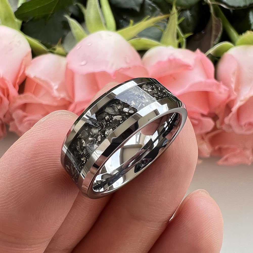 6mm & 8mm Tungsten Wedding Bands for Men & Women - Silver & Black Meteorite Inlay Rings, Comfort Fit, Beveled Edge, Polished Finish - Perfect for Engagement, Promise & Anniversary Gifts