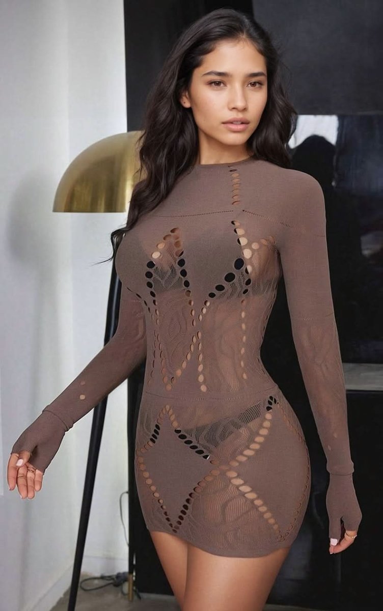Seamless Brown Geo Net Chemise - Comfortable Lingerie for Sleepwear & Intimate Occasions