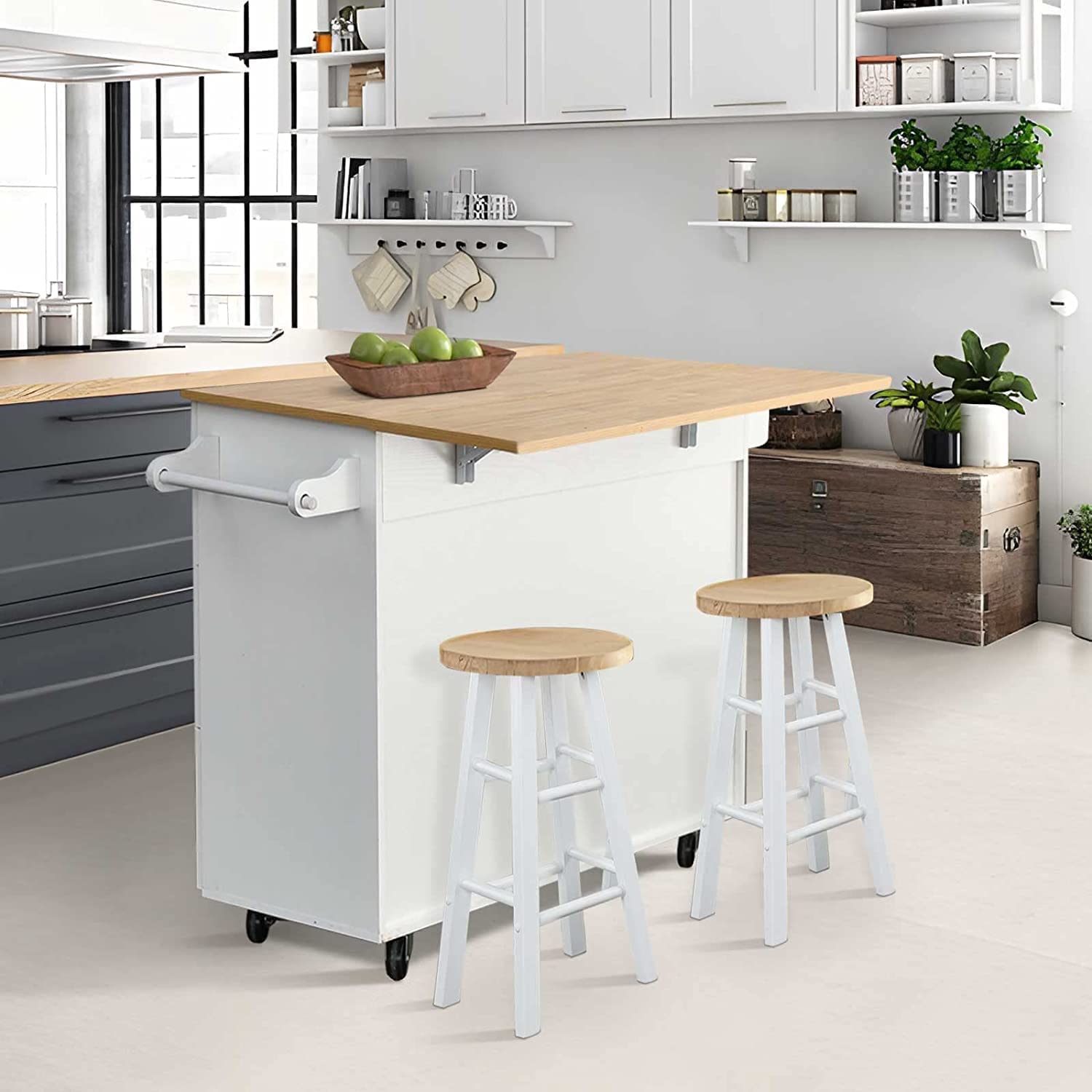 White Kitchen Island Cart with Storage - Mobile Kitchen Island with Drop Leaf, 2 Doors, 3 Drawers, Spice Rack & Towel Rack - Wood Table Top & Seating - Perfect for Small Kitchens, Breakfast Nooks & Food Prep Areas