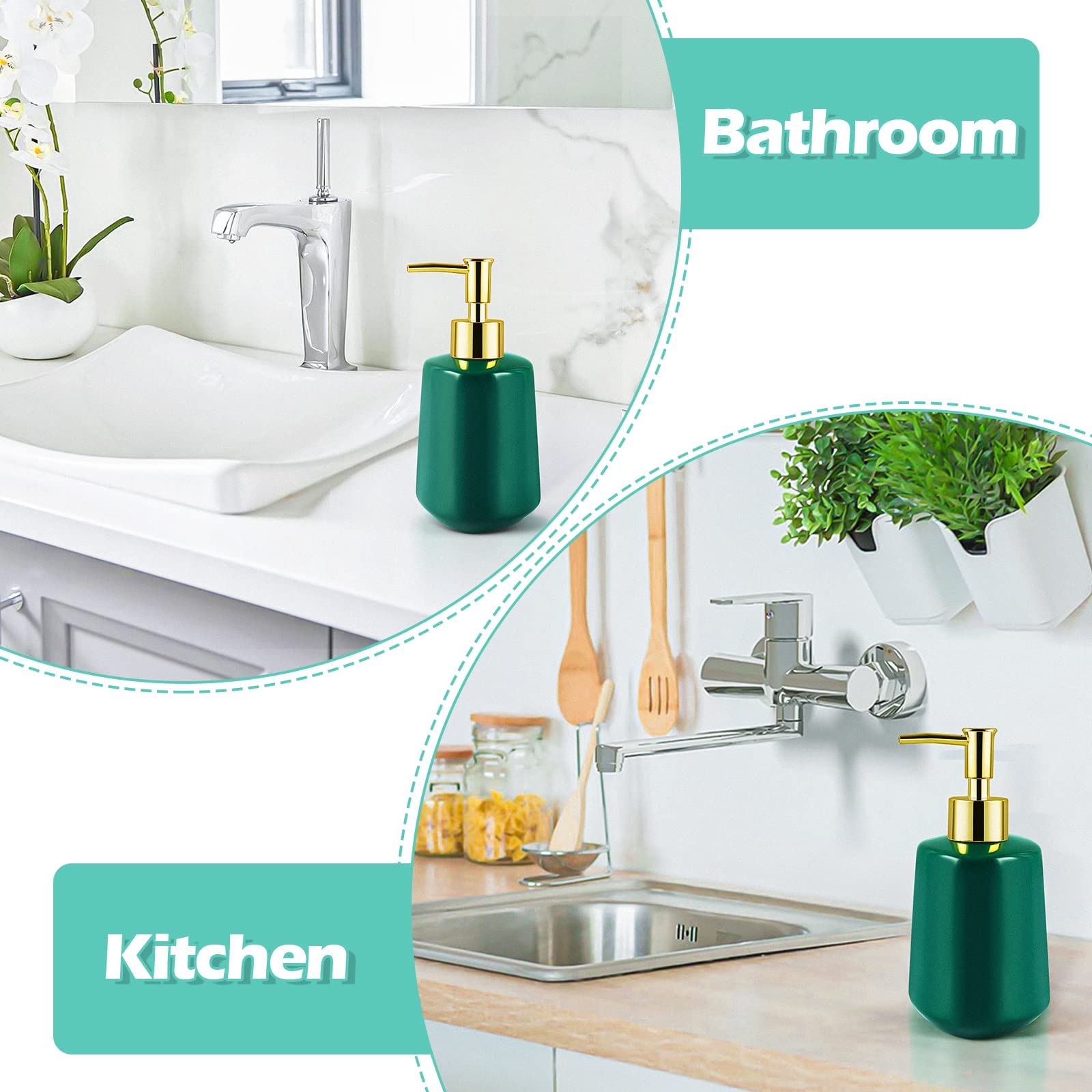 Ceramic Soap Dispenser for Kitchen & Bathroom - Refillable Dish Soap Dispenser, Hand Soap Bottle with Pump for Liquid Soap, Essential Oils & Lotion - Elegant Dark Green Home Decor for Sink Countertop & Vanity