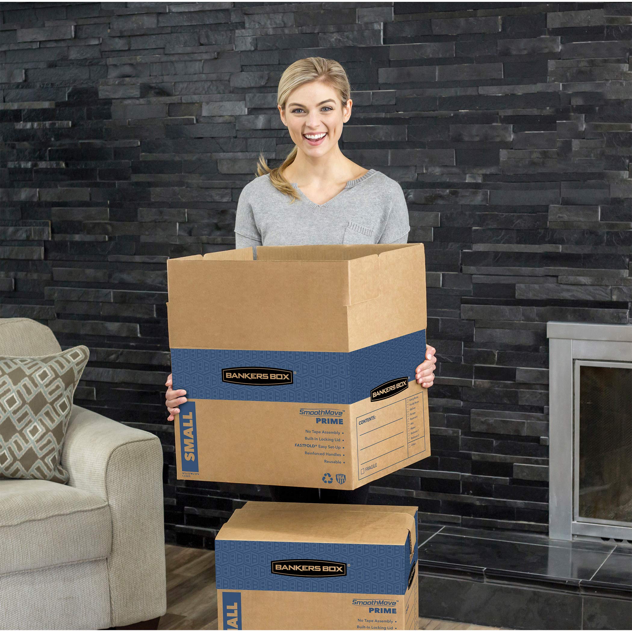 Bankers Box Medium Prime Moving Boxes - 15-Pack with Tape-Free FastFold, Reinforced Handles & Secure Locking Lid | Heavy-Duty Storage for Office, Home & Moving | Perfect for Documents, Books & Household Items