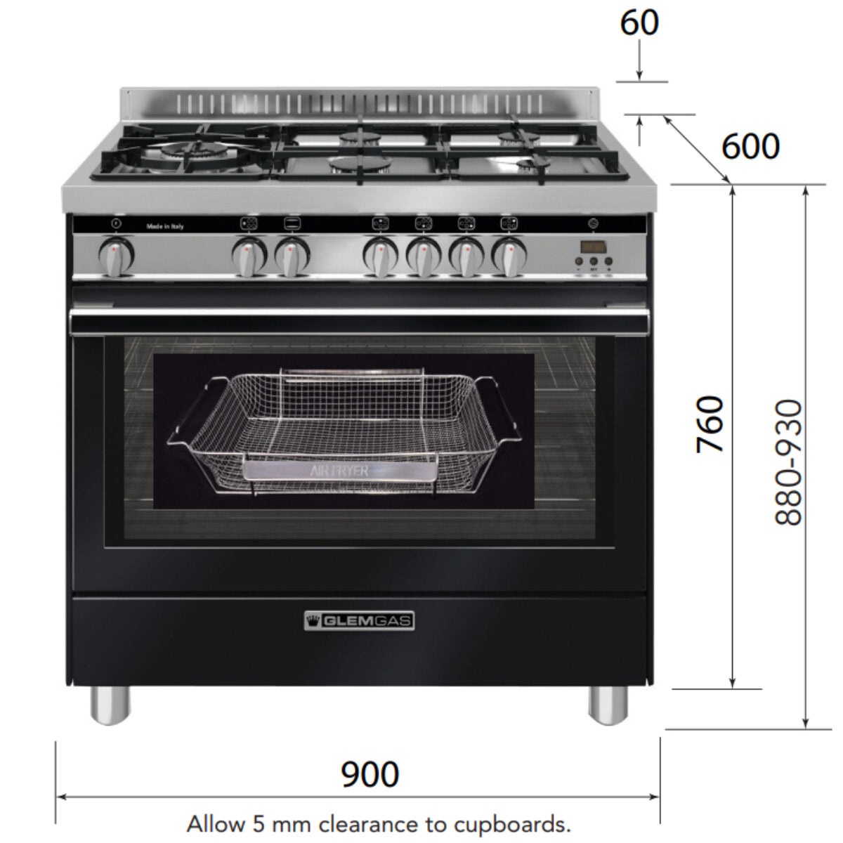 Premium Glem Gas 90cm Freestanding Cooker - Made in Italy - Matt Black Finish - 2 Year Warranty | Professional Kitchen Appliance for Home Chefs & Restaurants