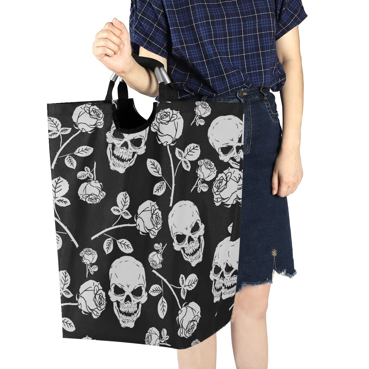 MNSRUU Foldable Laundry Bag with Handles - Skull & Rose Print Collapsible Laundry Hamper Basket for Bedroom, Bathroom Storage & Organization - Perfect for College Dorm, Travel & Home Decor
