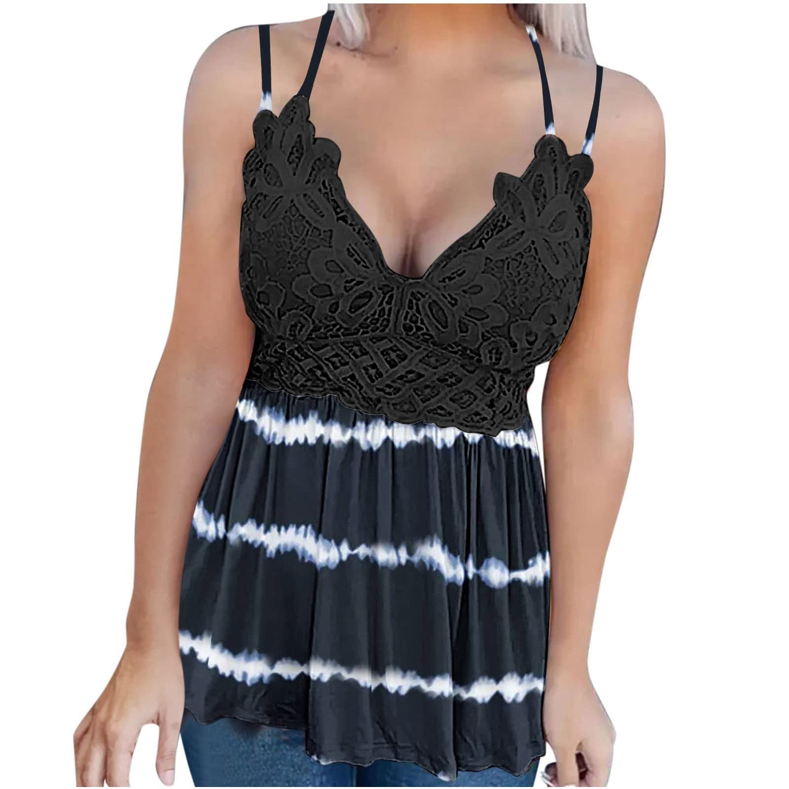 Women's Fashion Lace Patchwork Printed Sleeveless Blouse - Summer Vest Suspenders Tops for Casual Wear, Beach Outfits & Date Night