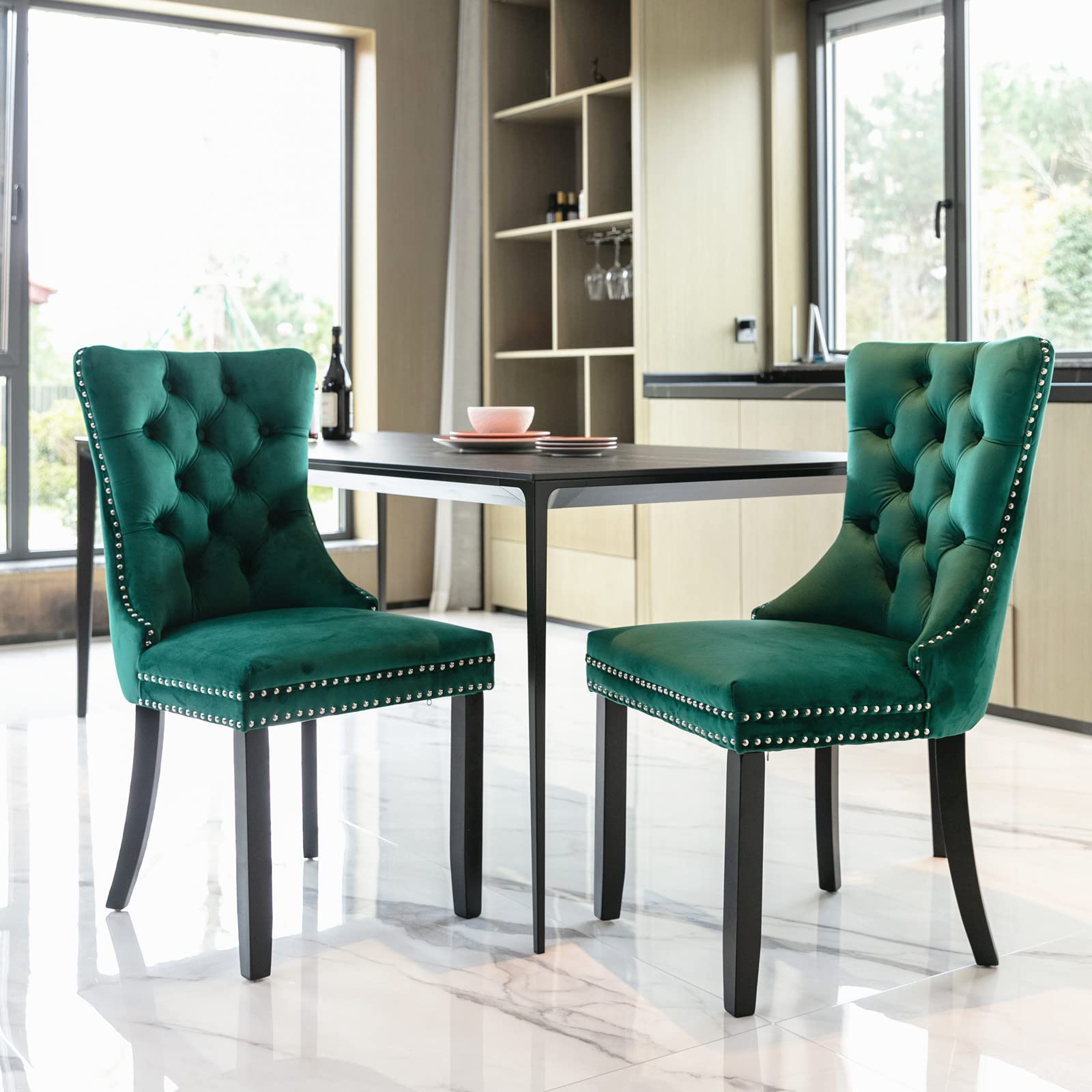 Rhomtree Set of 2 Velvet Dining Chairs - Luxury Tufted Back with Nailhead Trim, Solid Rubber Wood Legs - Emerald Green Accent Chairs for Kitchen, Dining Room & Home Decor