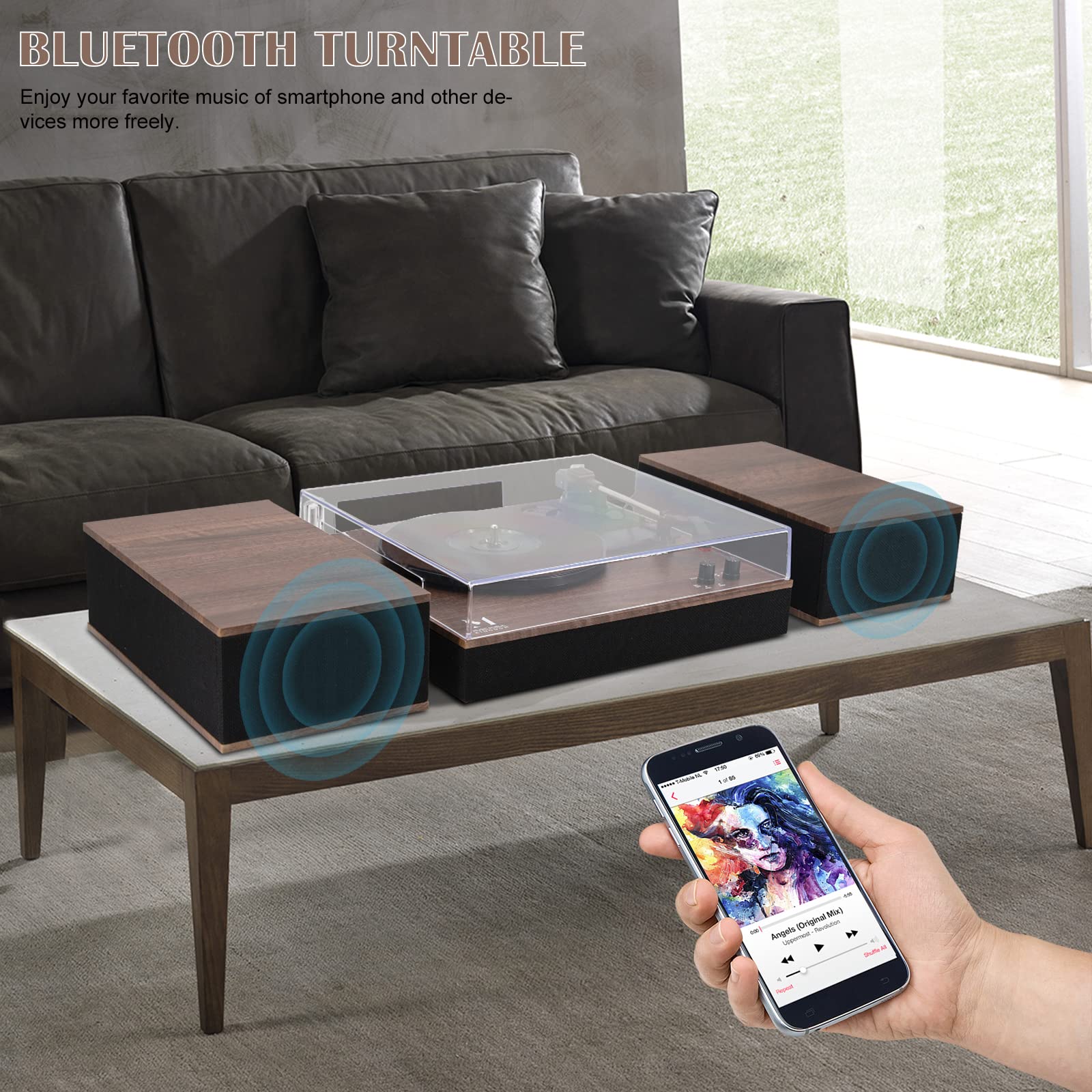 MPK Bluetooth Record Player - HiFi Turntable with Bookshelf Speakers, 3-Speed Belt-Drive Vinyl Player for Wireless Playback & Auto-Stop, Walnut Wood - Perfect for Home Entertainment & Vinyl Record Collection