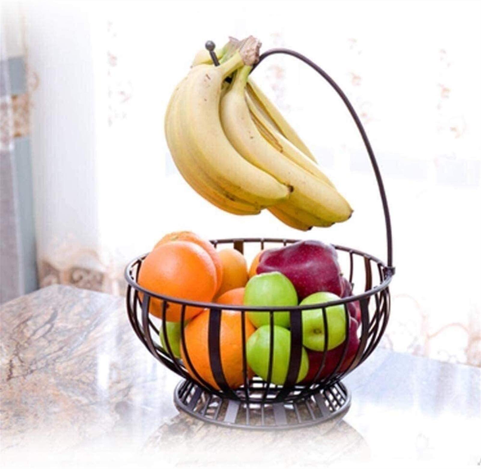 Modern Stainless Steel Chrome Plated Fruit & Vegetable Basket Bowl - Banana Hanger Shelf Rack for Kitchen Countertop - Black | MIAOMSI | Perfect for Organizing Fruits, Bananas, and Veggies in Modern Home Kitchens