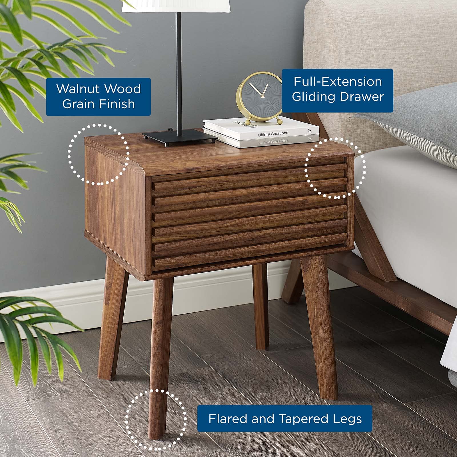 Modway EEI-3345-WAL Walnut Wood End Table Nightstand with Drawer - Modern Bedside Table for Bedroom, Living Room & Office Storage