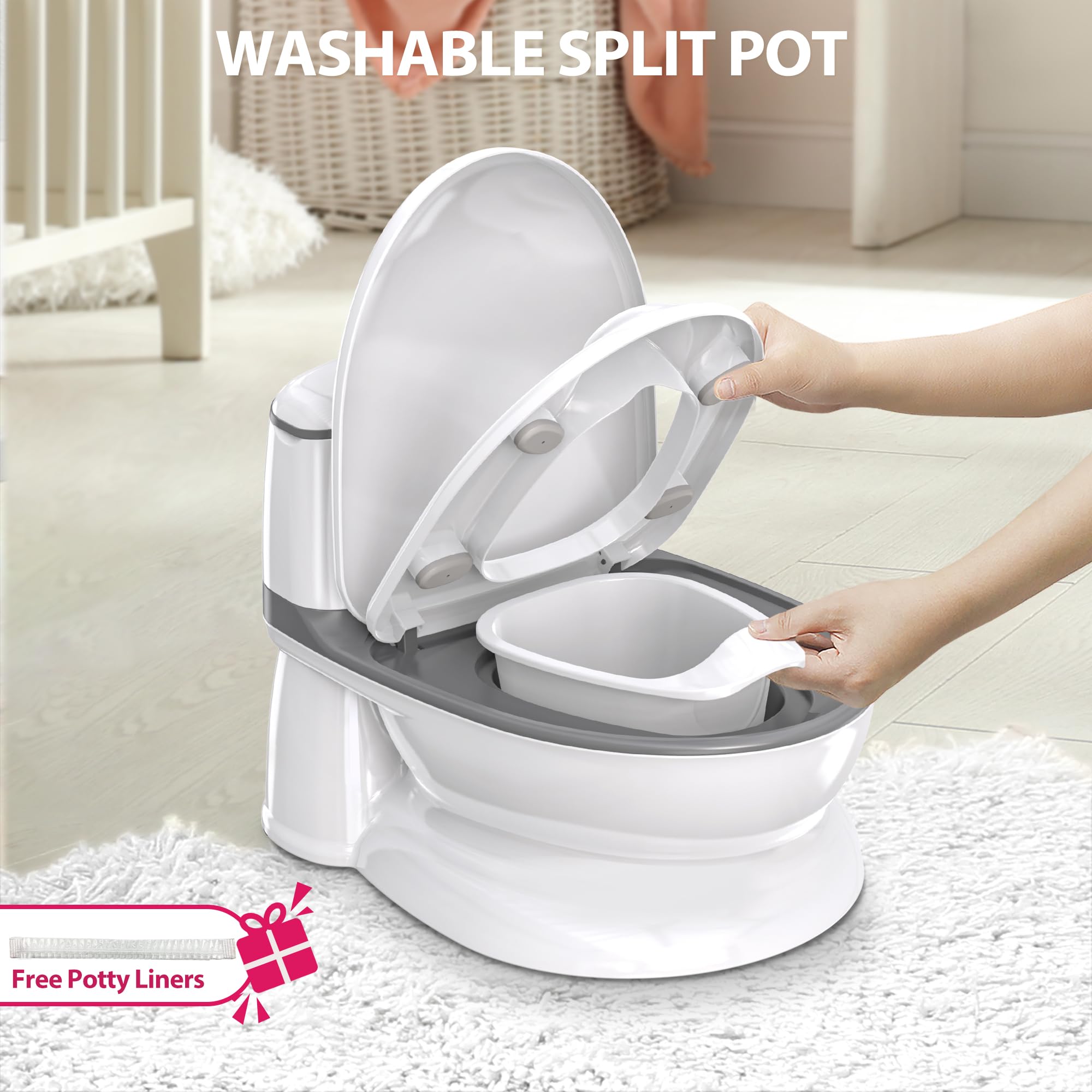 **Real Feel Potty Training Toilet for Toddlers - Boys & Girls Potty Seat with Wipes Storage, Flush Sound & Magic Stickers - Easy Clean Disposable Liners - Quick Assembly for Home & Travel Use**