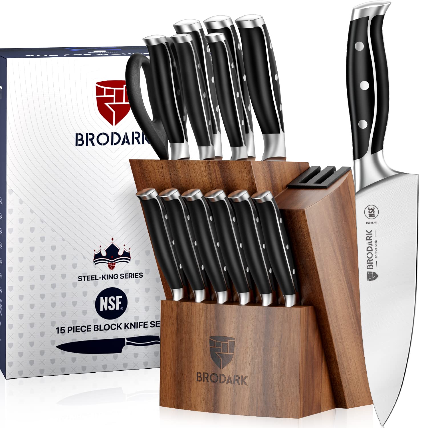 15-Piece Professional Chef Knife Set with Block - Full Tang German Stainless Steel Kitchen Knives with Built-in Sharpener | Steel-King Series for Home Cooking & Restaurant Use