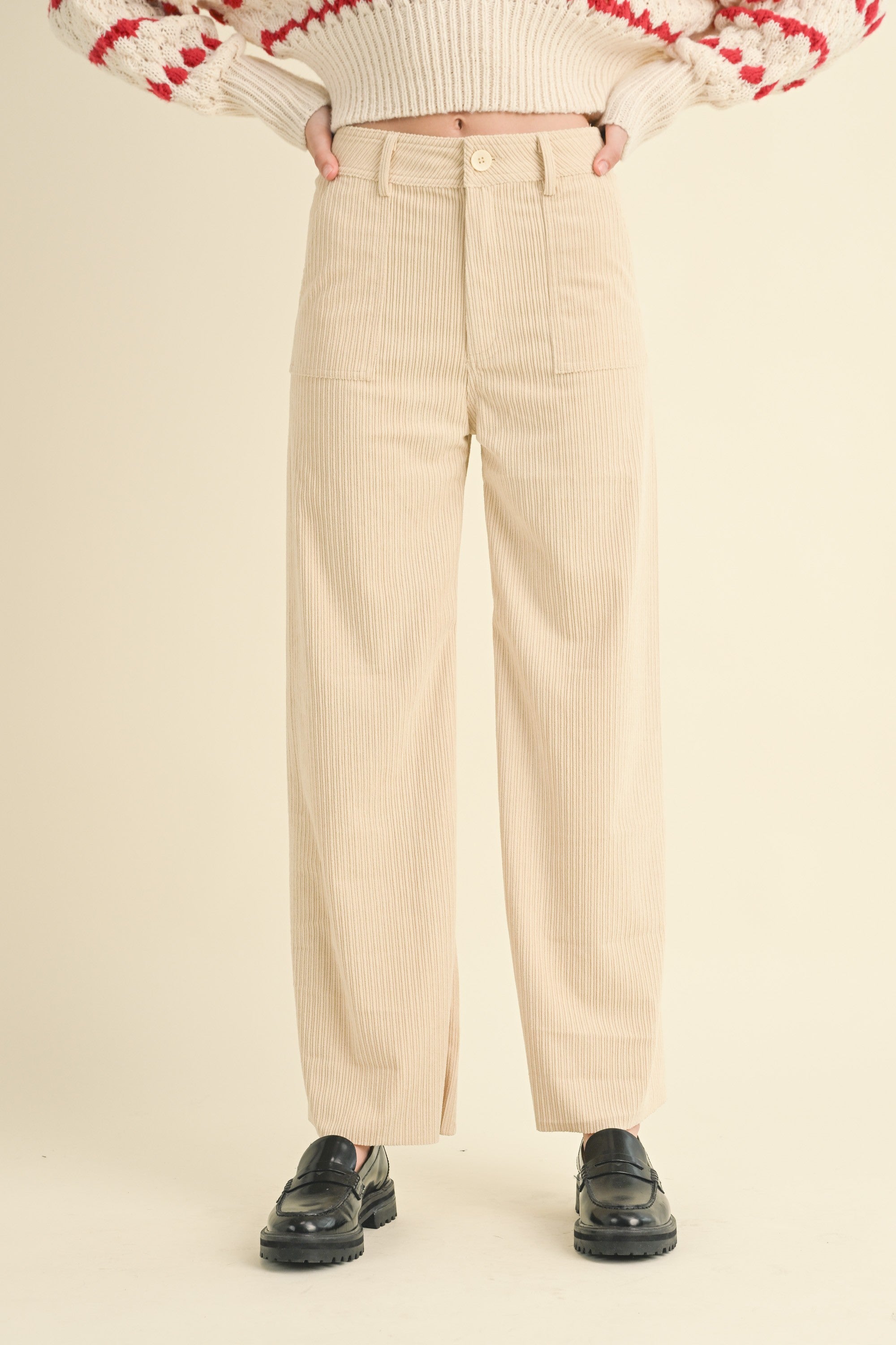 Stylish Beige Corduroy Pants with Pockets - Comfortable & Trendy Mixed Fabric for Women | Perfect for Casual Wear, Office Outfits & Fall Fashion