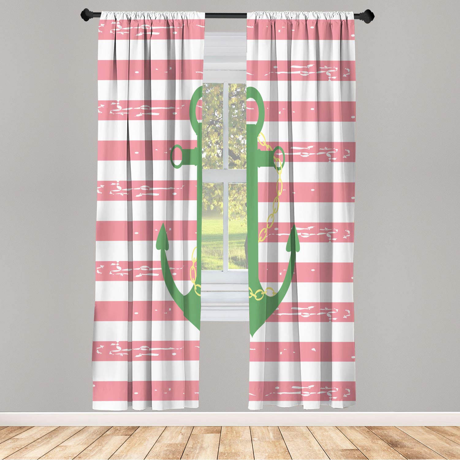 Ambesonne Striped Window Curtains - Nautical Anchor Chain Marine Theme, Lightweight Decorative 2-Panel Set with Rod Pocket, 28