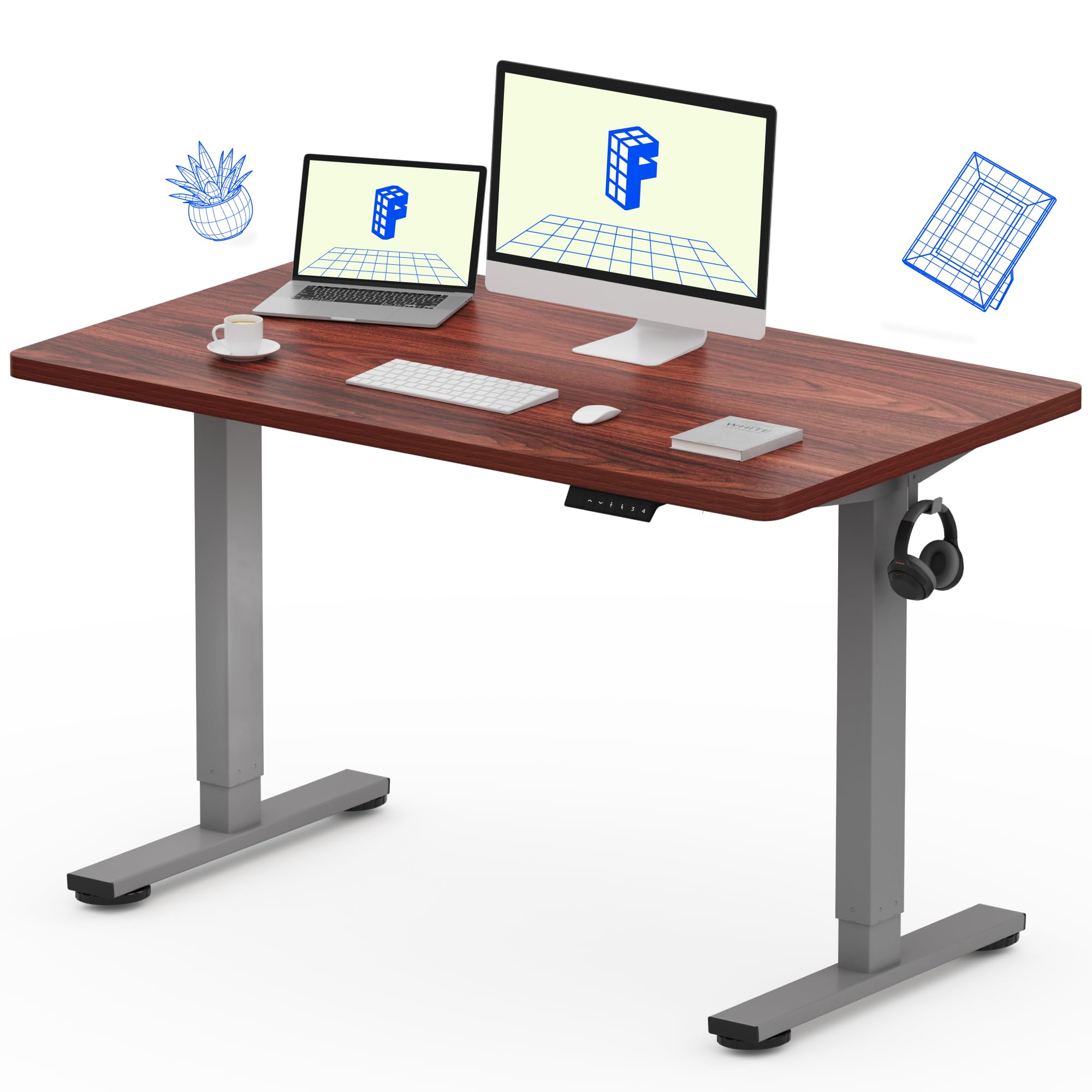 FLEXISPOT EN1 Electric Height Adjustable Standing Desk 48 x 24 Inches - Sit Stand Home Office Desk with Silver Frame & Mahogany Top (2 Packages) | Perfect for Remote Work, Gaming Setup & Ergonomic Workspace