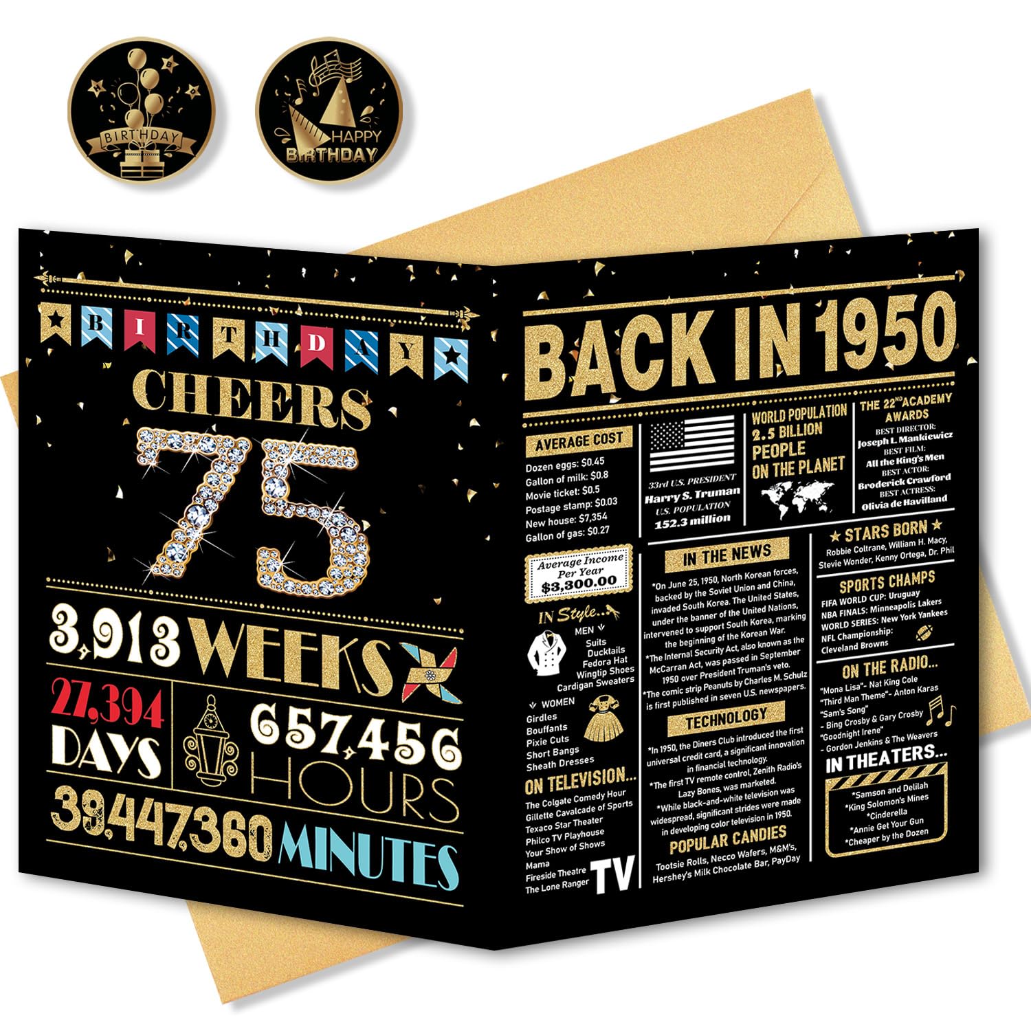 75th Birthday Card & Decorations for Women & Men - Black Gold Retro 1950s Theme - Perfect 75th Birthday Gifts for Dad, Mom, Grandparents - Ideal for Milestone Celebrations, Parties & Anniversaries