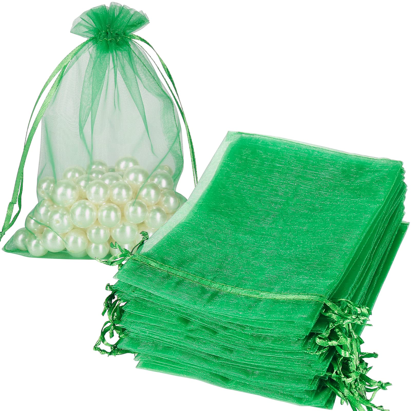 100pcs 5x7 Inch Green Organza Drawstring Bags - Mesh Gift Pouches for Jewelry, Christmas Candy & Party Favors - Perfect for Wedding, Baby Shower & Birthday Gifts