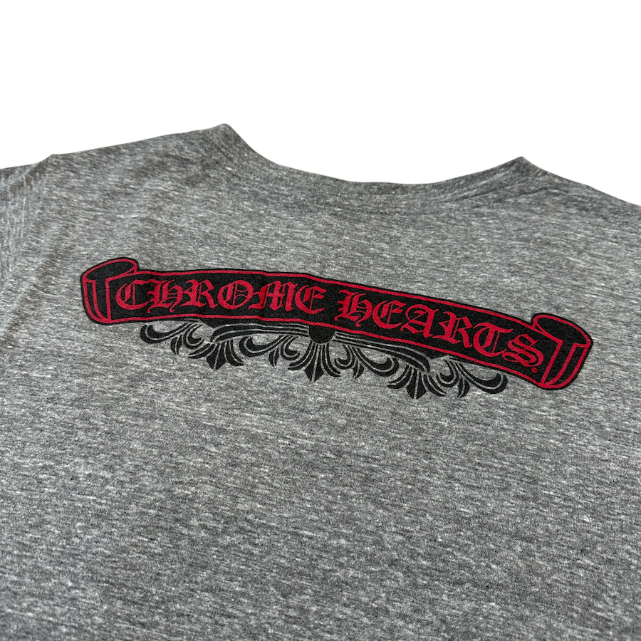 Chrome Hearts V-Neck T-Shirt with Back Print - Grey & Red for Men | Stylish Graphic Tee for Casual Wear & Street Fashion