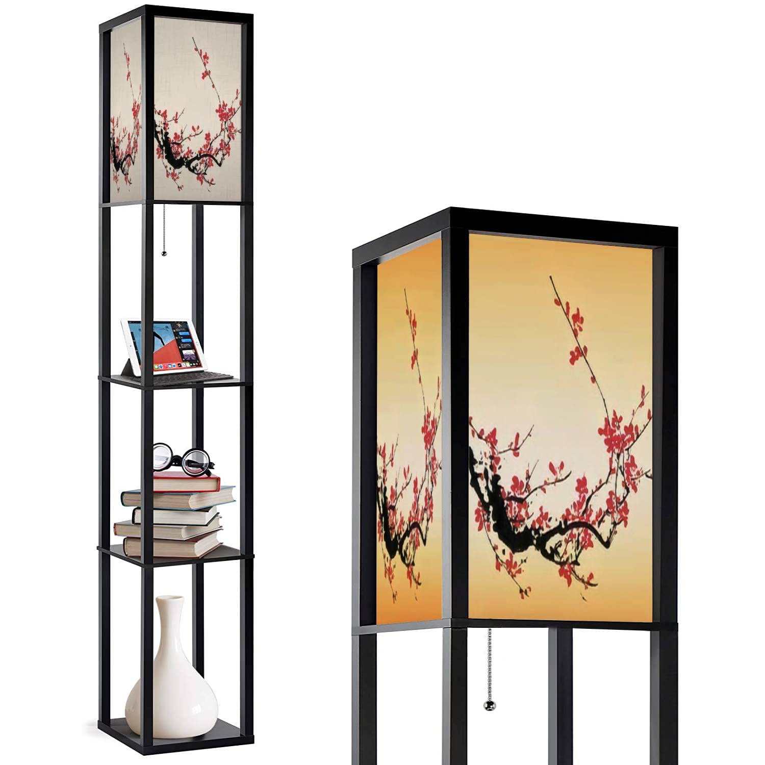 Modern Corner Floor Lamp with Shelves - Adjustable 3-Color LED Standing Lamp with Linen Shade, Artistic Plum Blossom Design for Living Room, Bedroom & Nursery - Perfect Reading Light & Decorative Accent