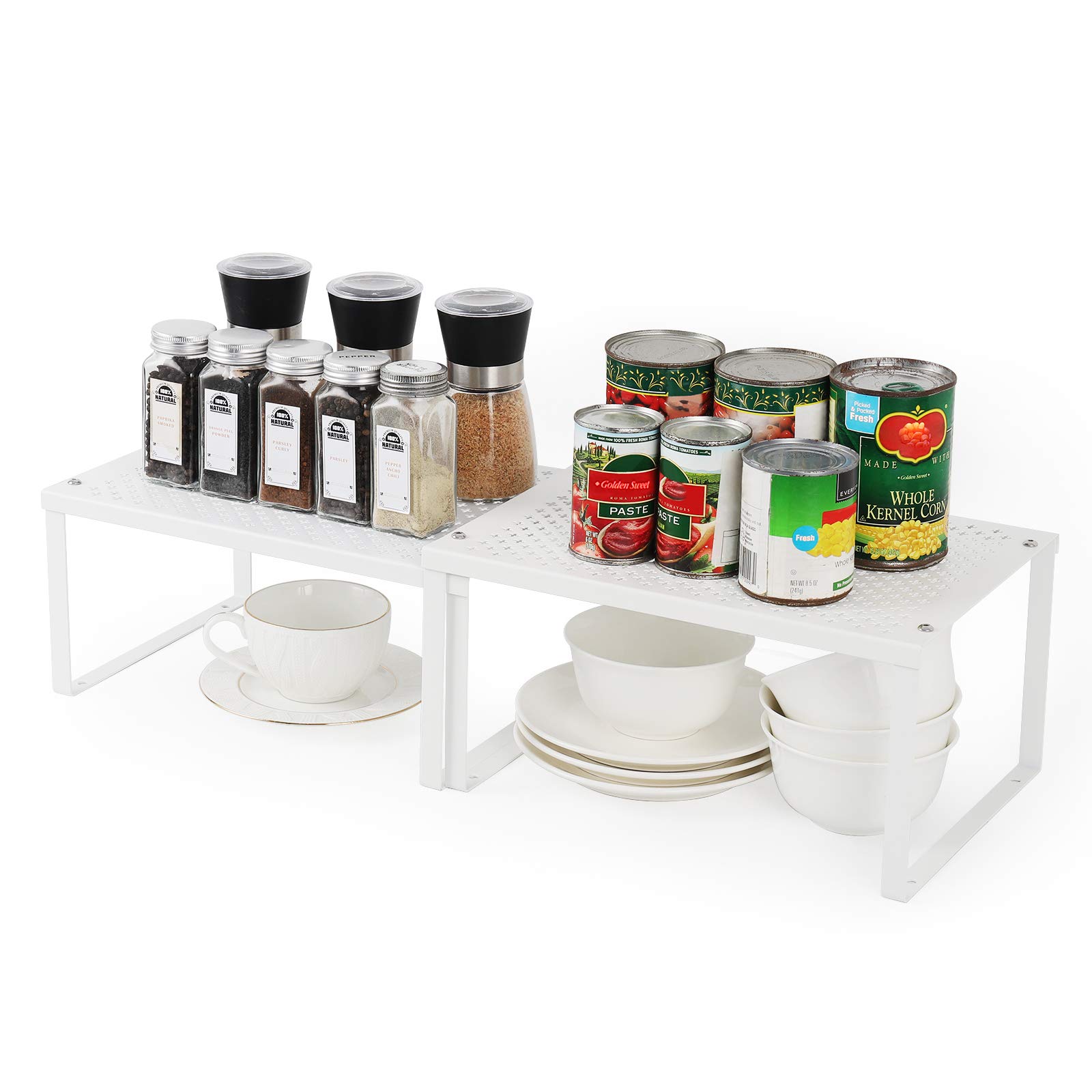 MOOACE Expandable Stackable Kitchen Cabinet Organizer Set of 4 - White Spice Rack & Pantry Shelf for Counter Storage - Perfect for Small Spaces, Kitchen Organization & Clutter-Free Countertops