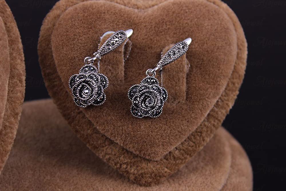 Vintage Black CZ Rose Flower Drop Earrings for Women - Elegant Dangle Jewelry for Party, Wedding & Evening Wear