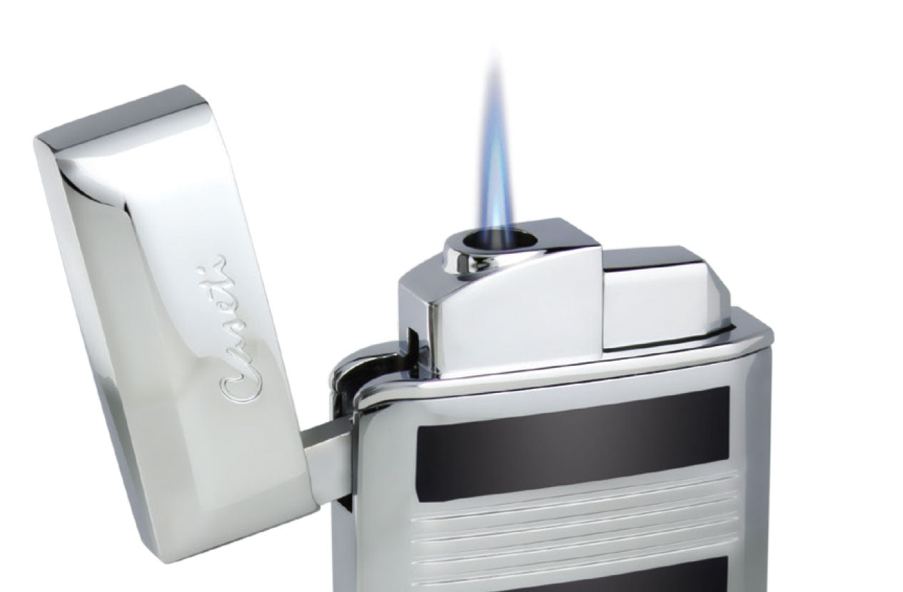 Caseti Flamei Single Flame Torch Lighter - Polished Chrome & Gray Lacquer Finish for Cigars, Candles, and Culinary Use