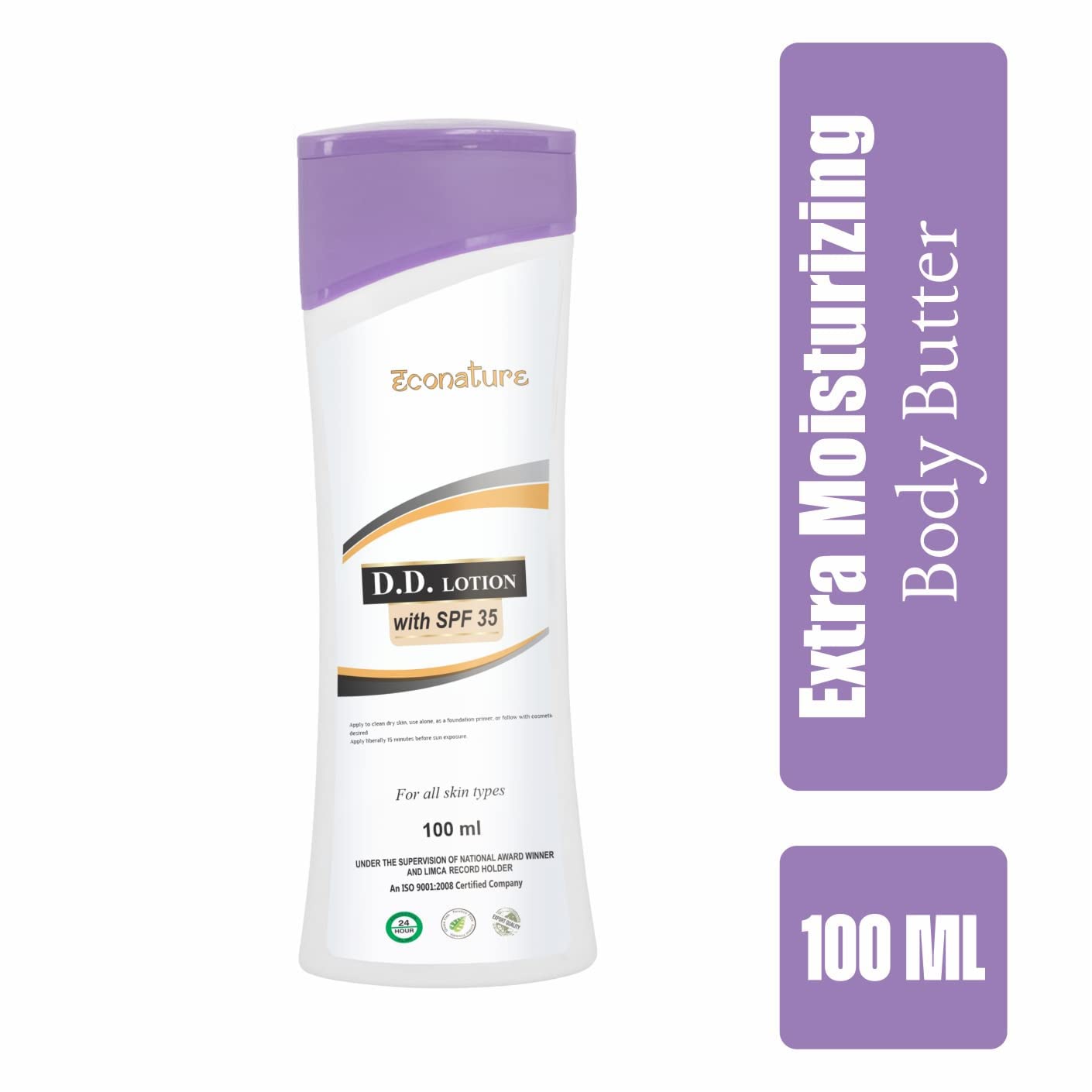 Econature Ayurvedic Body Lotion - 24 Hour Moisturizing for Dry & Normal Skin | Non-Greasy Formula with Vitamin E | 100% Natural for Smooth, Glowing Skin (100ml) | Perfect for Daily Hydration & Post-Shower Care
