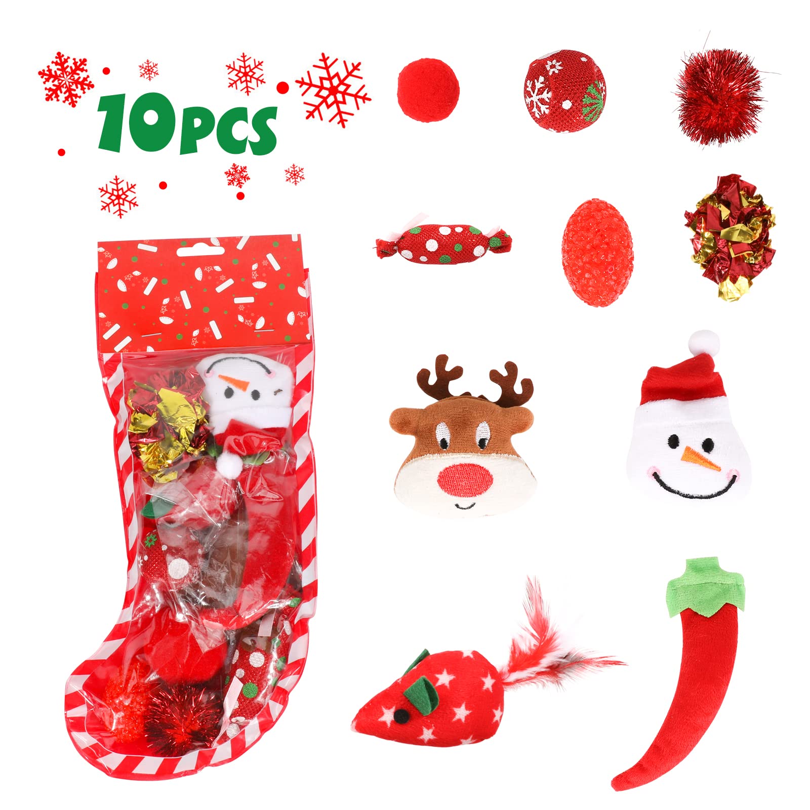 Jupsk 10pcs Christmas Cat Stocking Toys Set - Includes Teaser Wand, Assorted Balls & Interactive Toys for Indoor Cats & Kittens | Perfect Holiday Gift for Feline Fun & Playtime