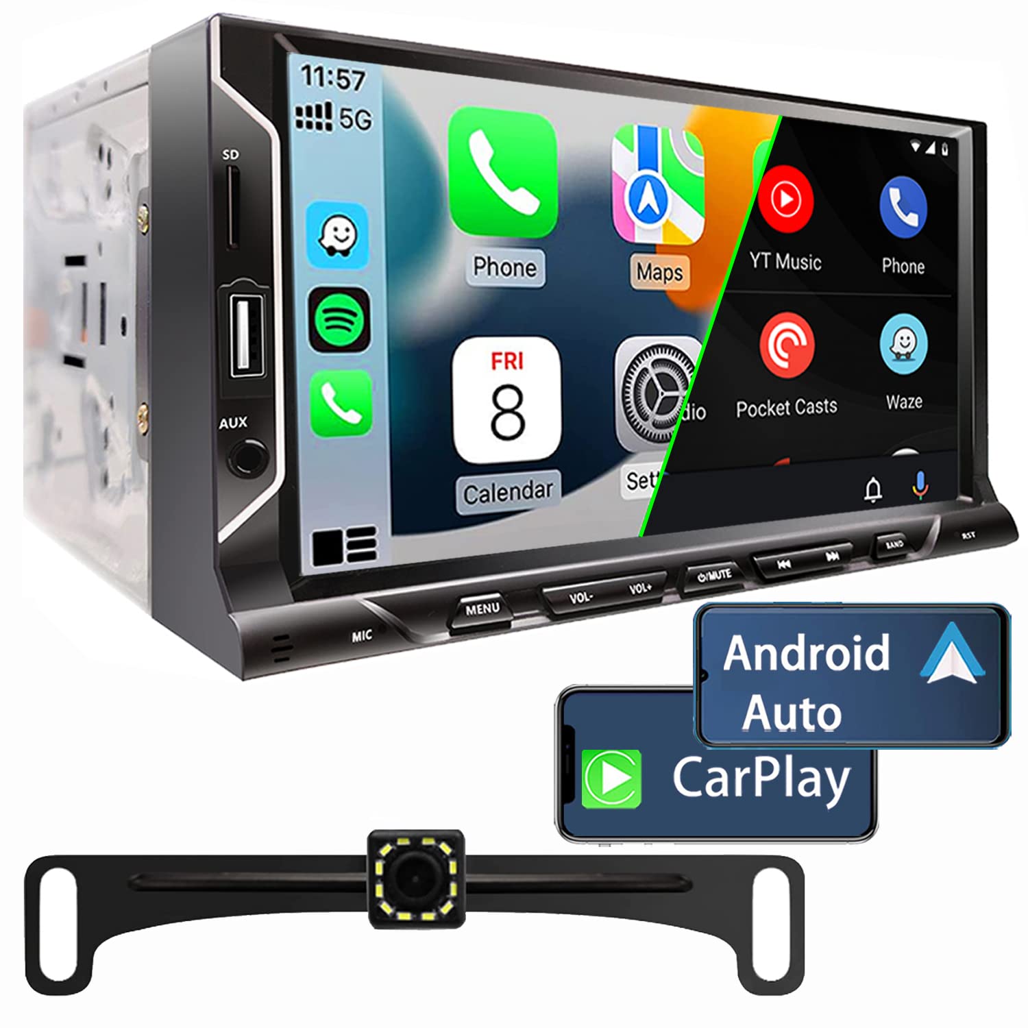 7 Inch Double Din Car Stereo with Apple CarPlay & Android Auto - Bluetooth 5.0, FM Radio, USB/TF/AUX Ports, Backup Camera & Remote Control - Capacitive Touchscreen for Seamless Connectivity - Perfect for Road Trips, Commuting & Hands-Free Driving