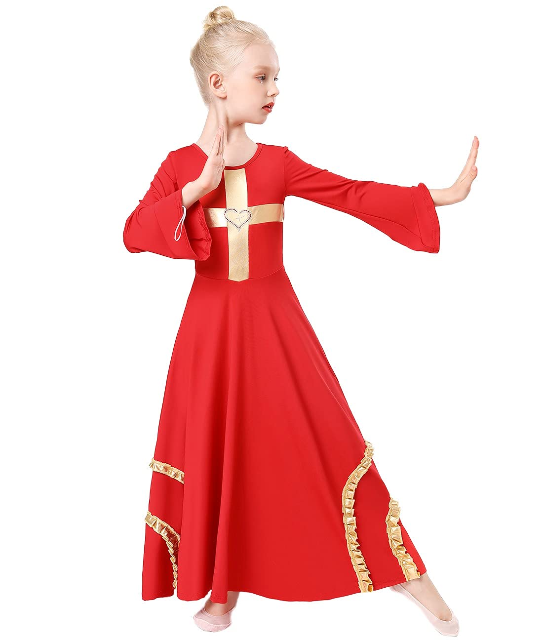 MYRISAM Girls Praise Cross Dance Robe Worship Dress - Bell Sleeve Metallic Ruffles Lyrical Liturgical Wide Swing Praisewear for Church Performances, Choir Concerts & Easter Celebrations