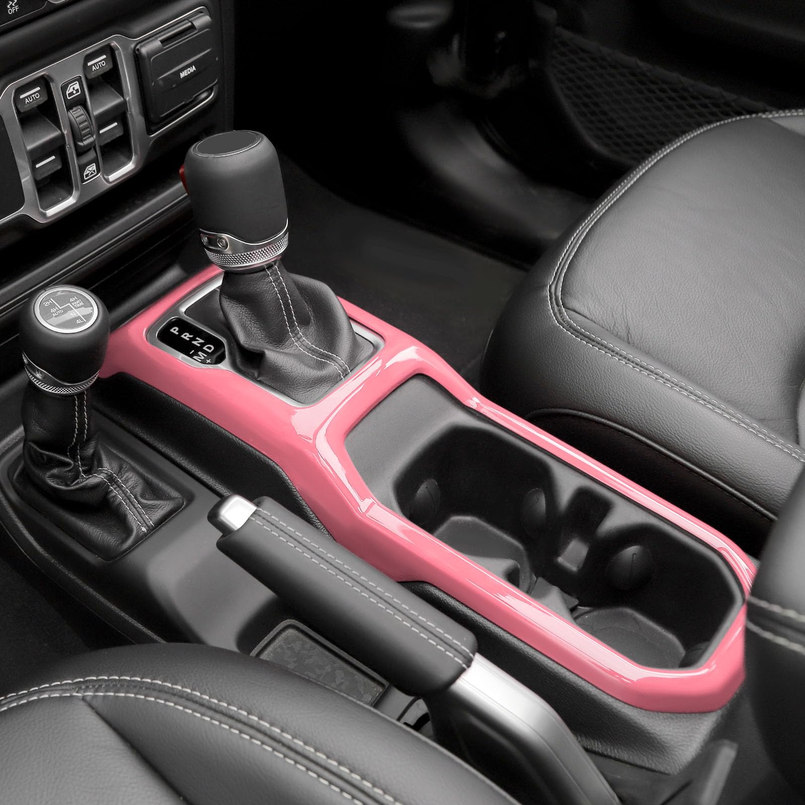 Jeep Wrangler JL JLU (2018+) & Gladiator JT (2020+) Gear Shift Cup Holder Panel Trim Cover - RT-TCZ Pink Interior Accessories | Dash Organizer Upgrade for Off-Roading & Daily Driving