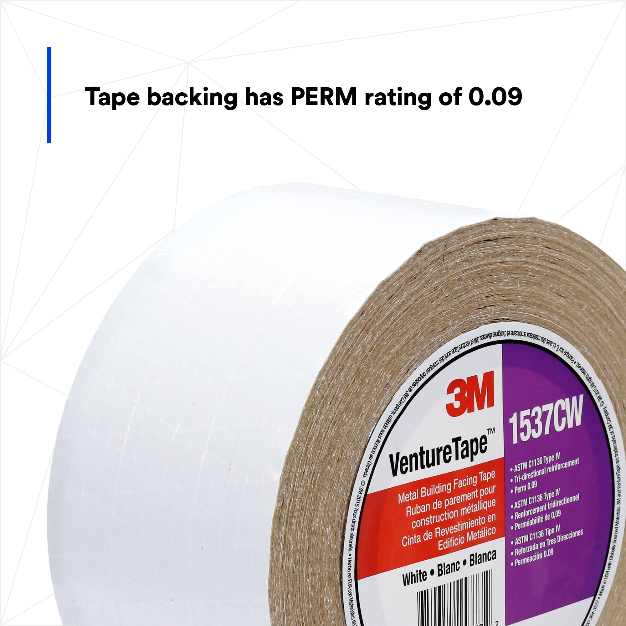 3M Metal Building Facing Tape 1537CW - White HVAC Tape (72mm x 45.7m, 16 Rolls/Case) for Sealing Joints, Seams & Insulation in Commercial Buildings