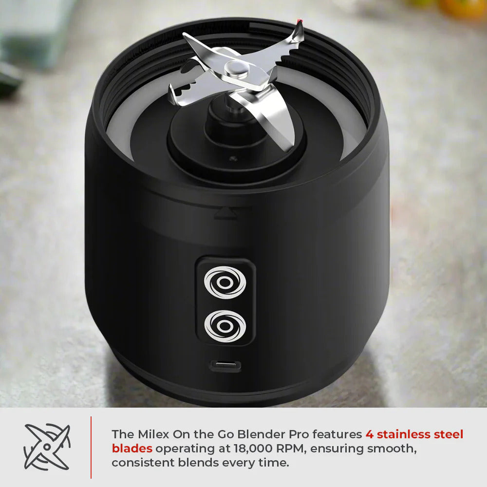 Milex On the Go Blender Pro - Portable Personal Smoothie Maker for Fruits, Vegetables & Protein Shakes - Perfect for Gym, Office & Travel - USB Rechargeable & BPA Free