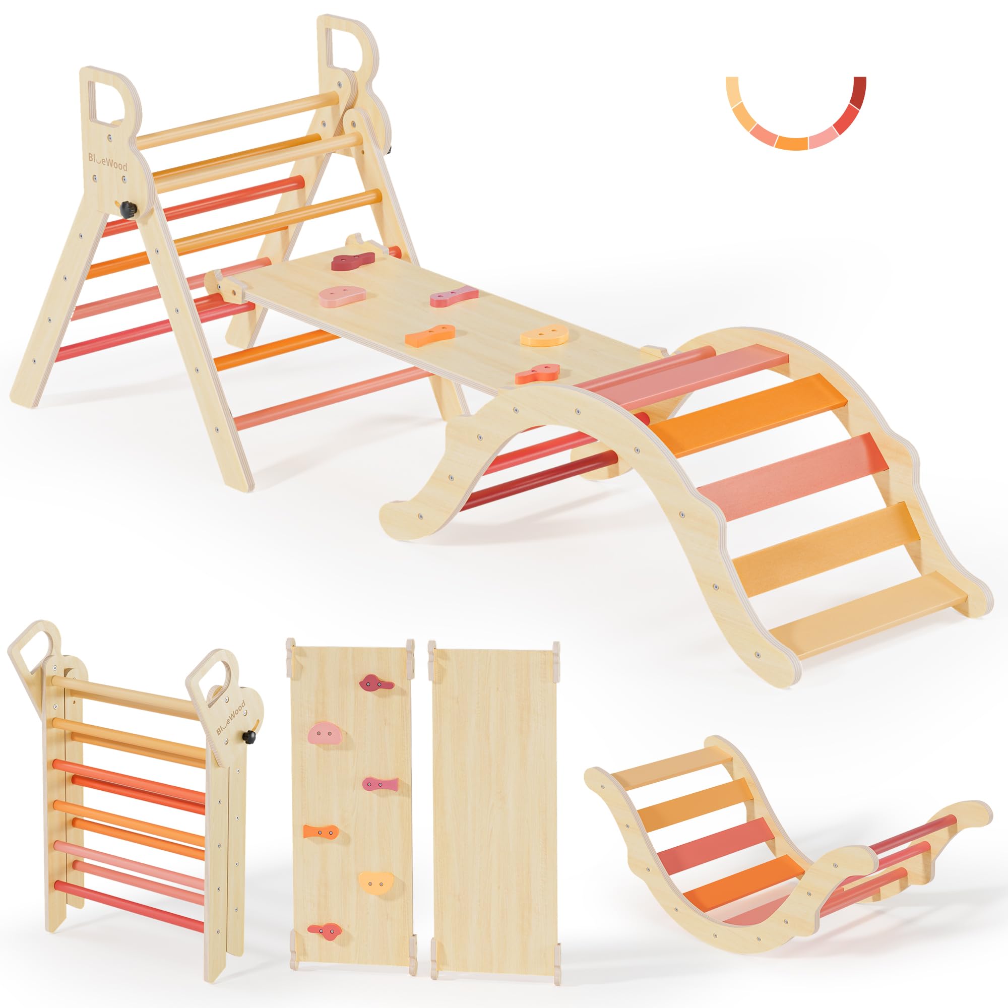 BlueWood Pikler Triangle Set - 7-in-1 Foldable Wooden Climbing Gym for Toddlers | Montessori-Inspired Indoor Play Equipment with Arch, Ramp & Ladder | Perfect for Home Playrooms, Daycares & Montessori Classrooms (Farm Charm Autumn Design)