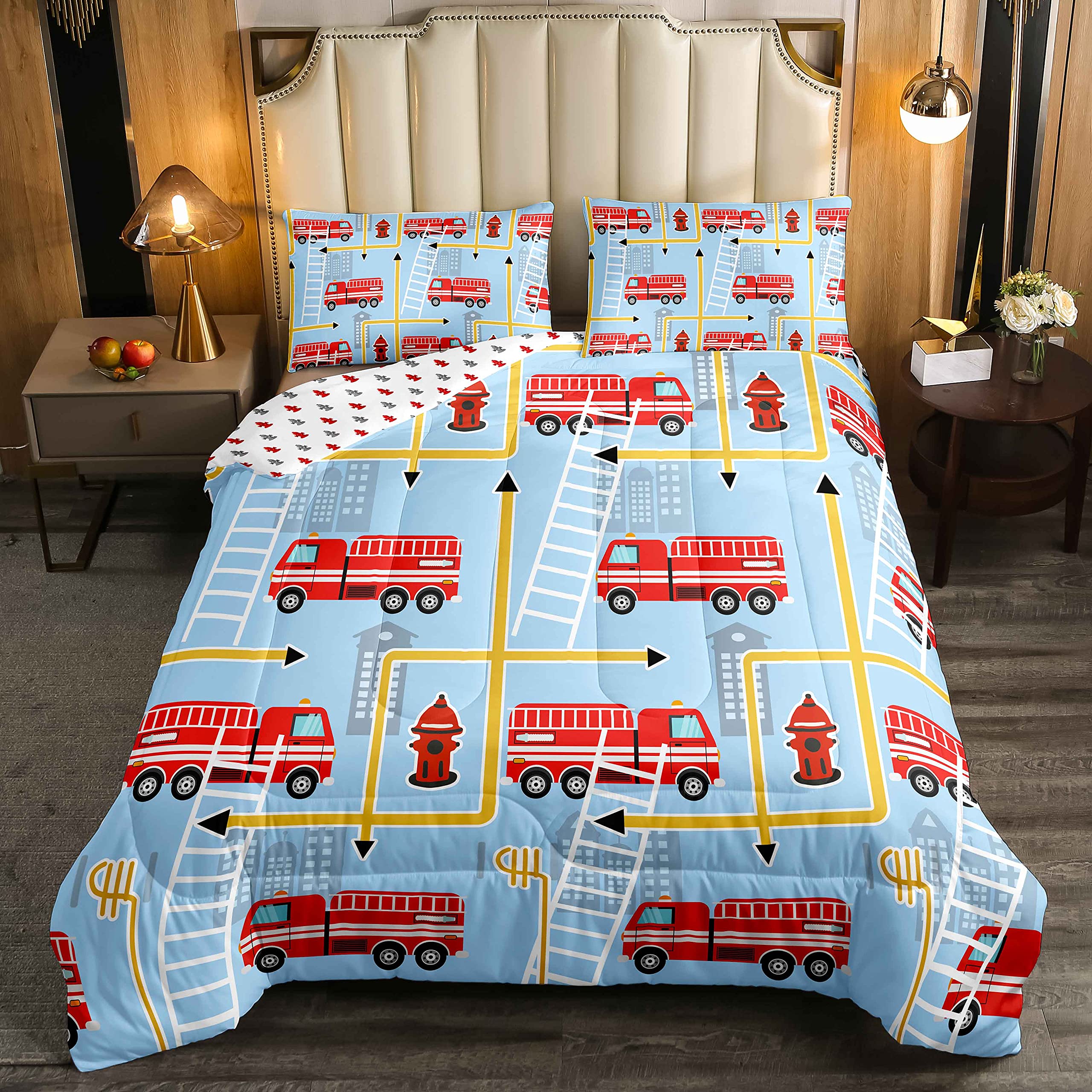 **Jejeloiu Fire Truck Comforter Set for Kids - Soft Reversible Quilted Duvet with 2 Pillowcases, Full Size | Boys & Girls Bedroom Decor, Themed Bedding for Car Lovers**    *(Use Case: Perfect for kids' bedrooms, themed nurseries, birthday gifts, or cozy car-themed sleepovers!)*