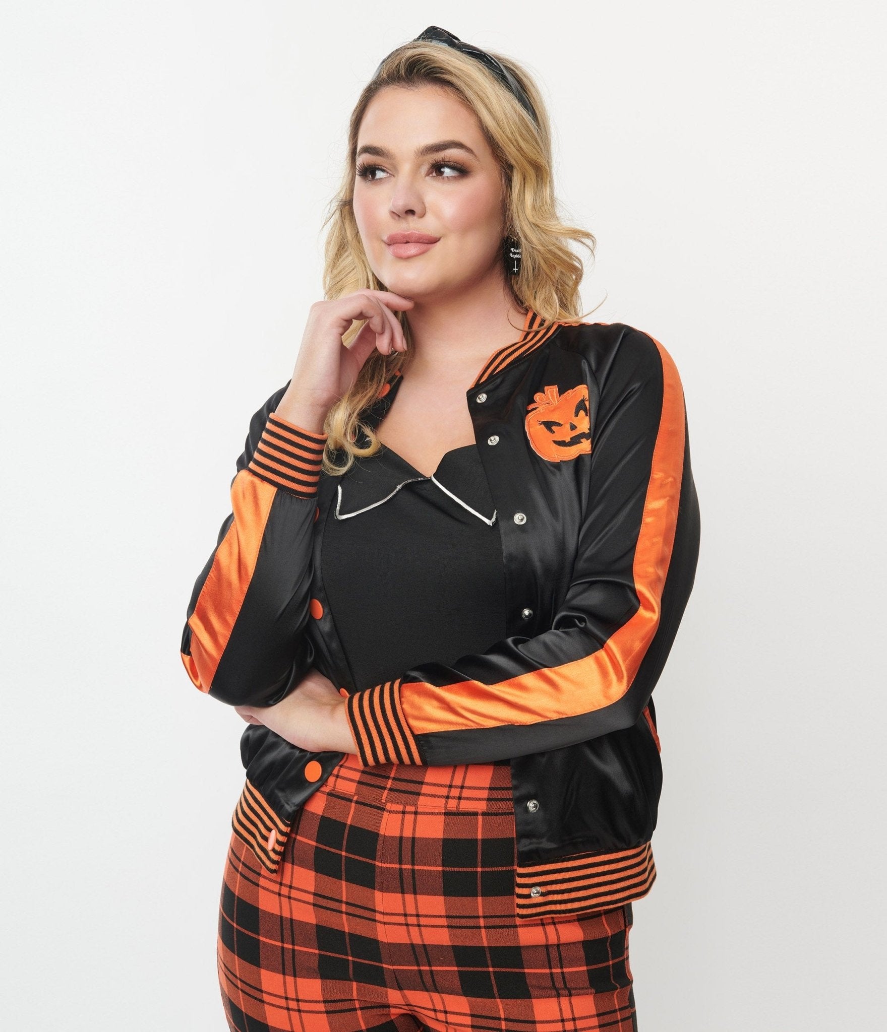 Unique Vintage Black & Orange Scream Queen Satin Bomber Jacket | Halloween Costume, Cosplay, Horror Movie Outfit, 80s Retro Fashion
